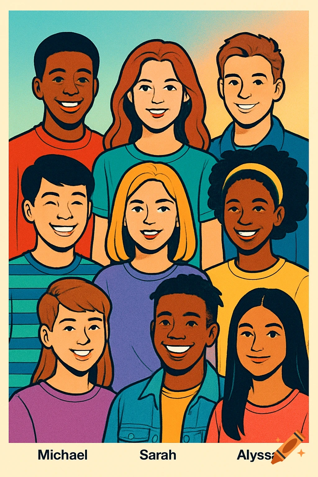 Illustration of a diverse group of smiling students in a yearbook style ...