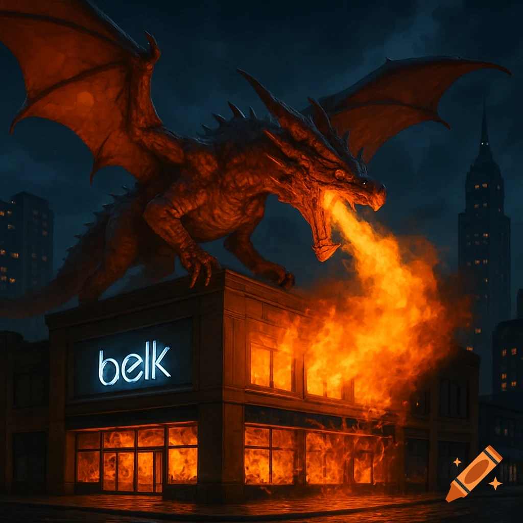 A large dragon breathes fire onto a building with a 'belk' sign at night in a city.