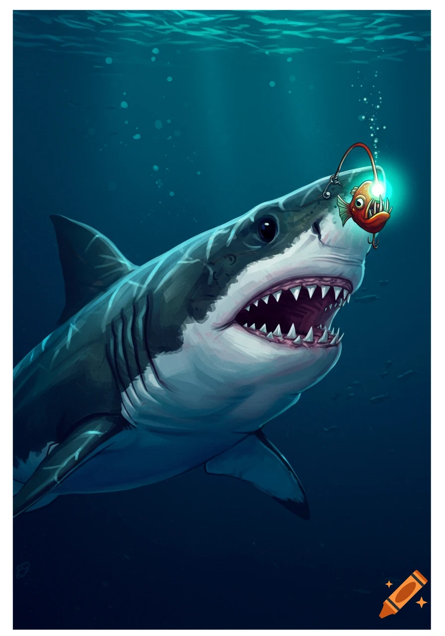 Cartoon illustration of a great white shark using an anglerfish as a lure underwater.