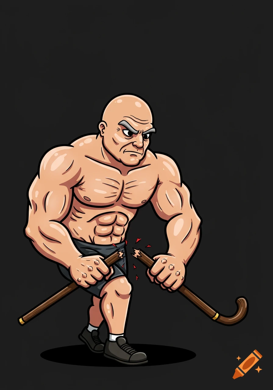 Cartoon graphic of a bald, muscular man breaking a walking cane over his knee.