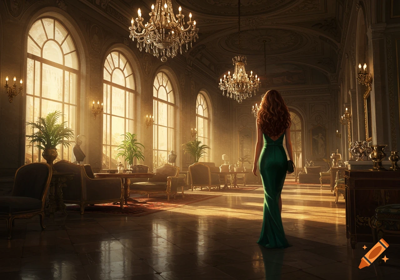 A woman in a green dress stands in a luxurious, sunlit grand hall.