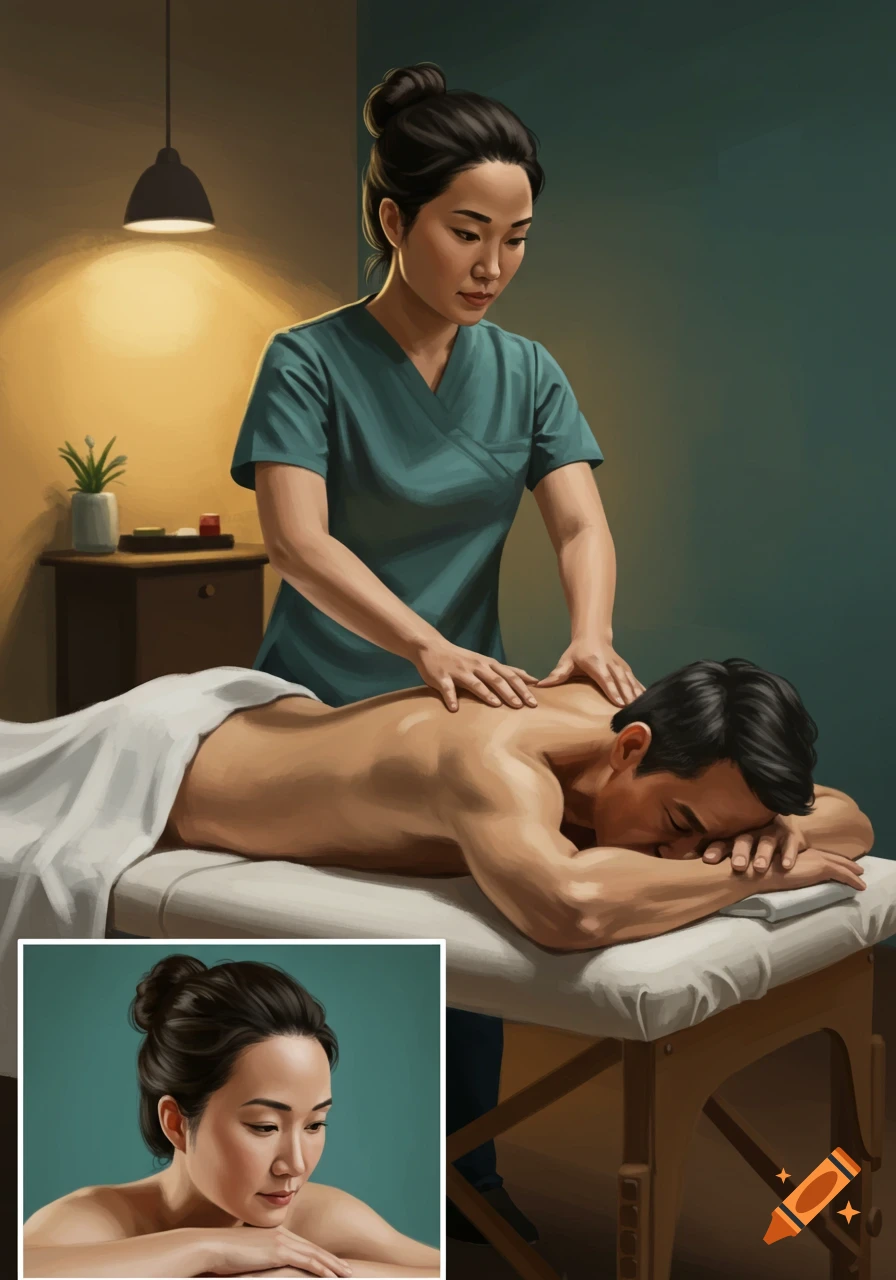 A female massage therapist gives a back massage to a male client in a dim spa room, digital painting style.