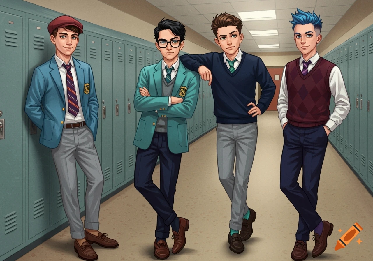 Four anime teenage boys in school uniforms standing in a hallway.