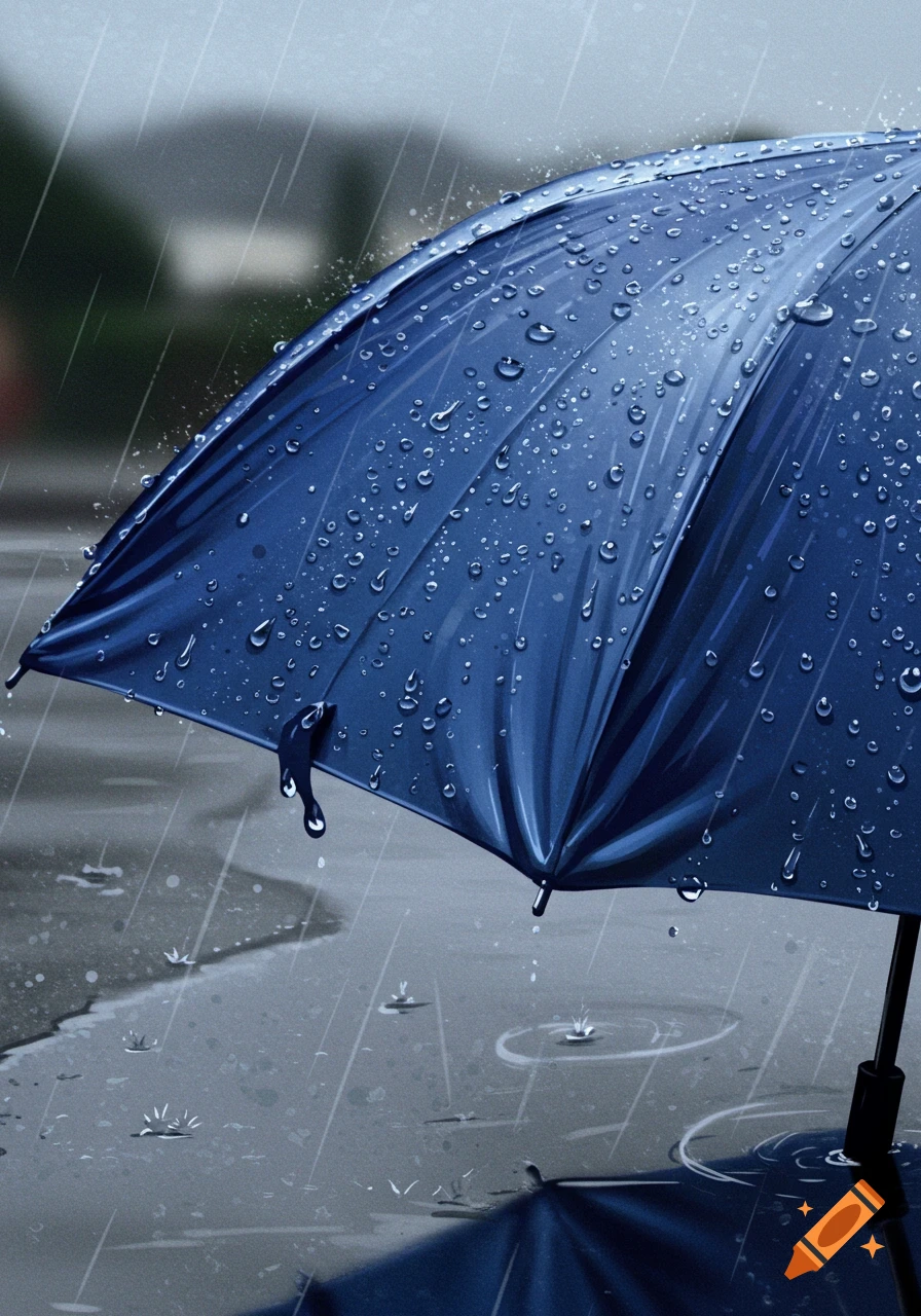 A blue umbrella wet with raindrops during a rain shower.