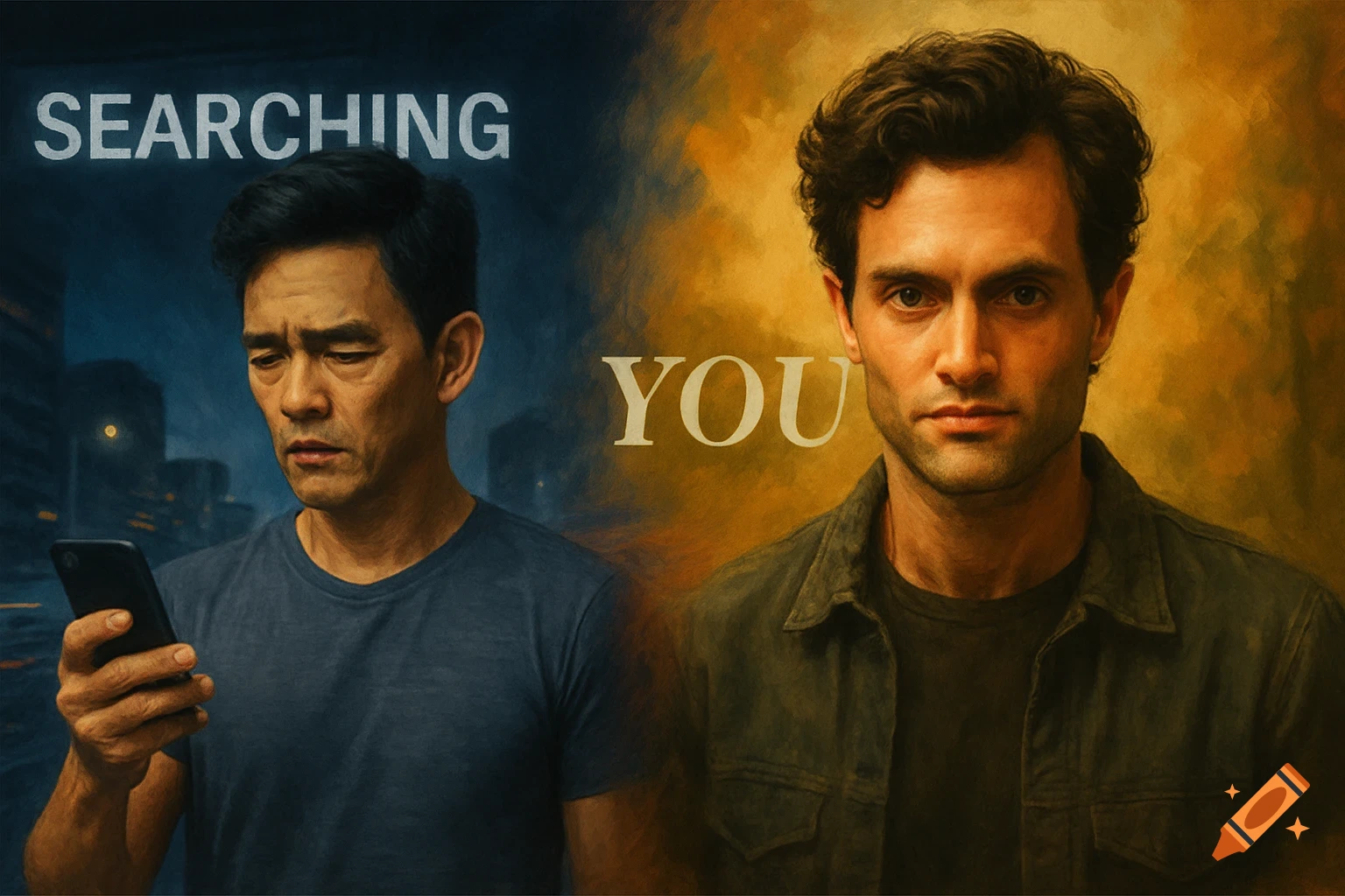 Split portrait of John Cho with 'SEARCHING' text and Penn Badgley with 'YOU' text, backgrounds blending.