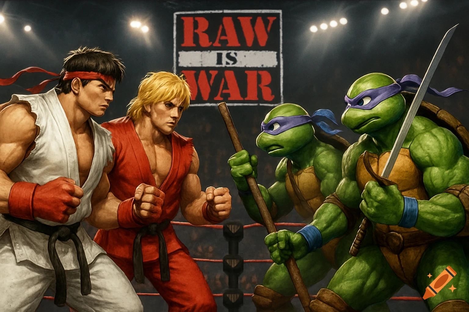 Ryu and Ken from Street Fighter face off against Leonardo and Donatello from TMNT in a wrestling ring under a banner that reads "RAW IS WAR".