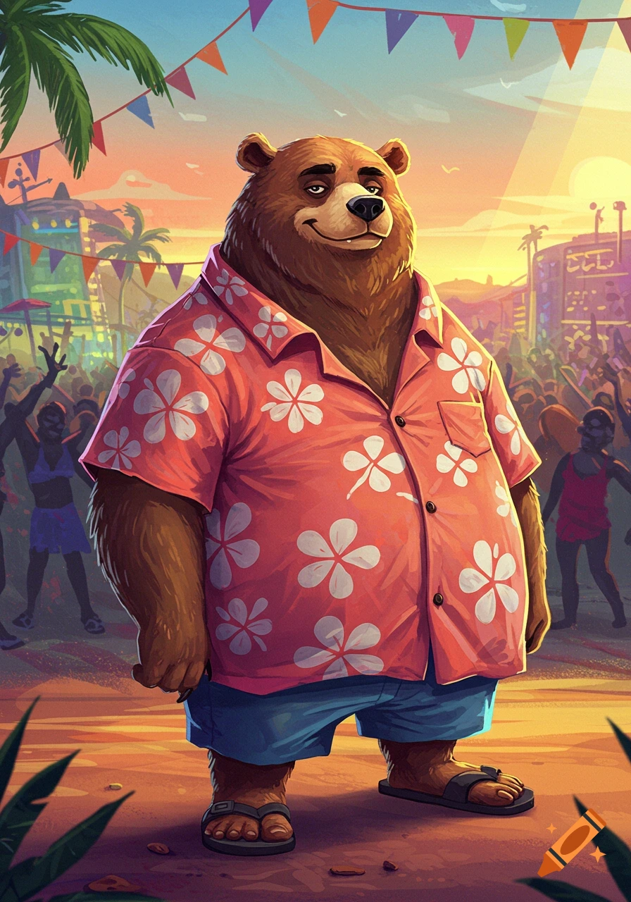 A cartoon bear wearing a Hawaiian shirt and shorts stands at a beach party at sunset, with dancing figures in the background.