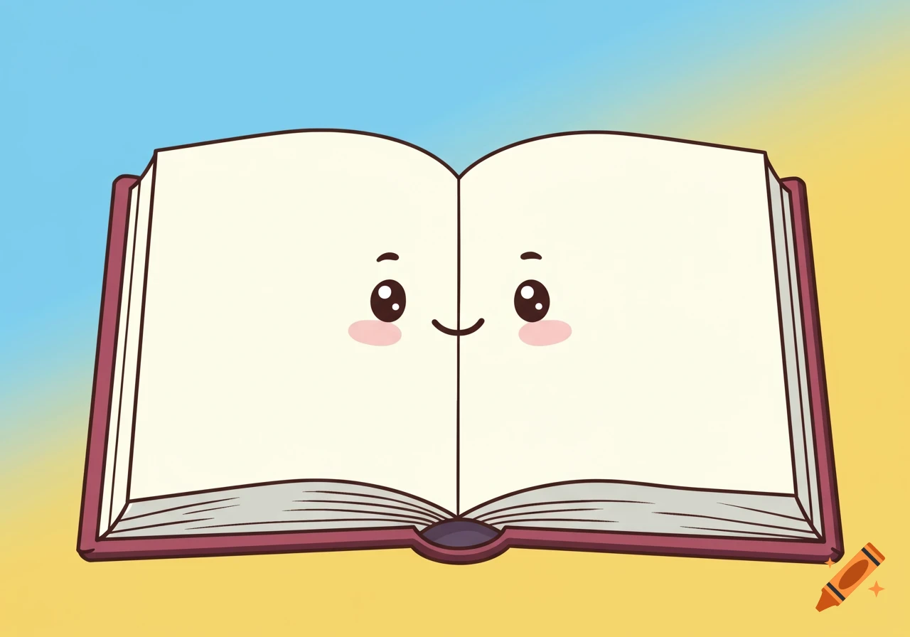 A cartoon open book with a smiling face drawn on the blank pages against a gradient background.