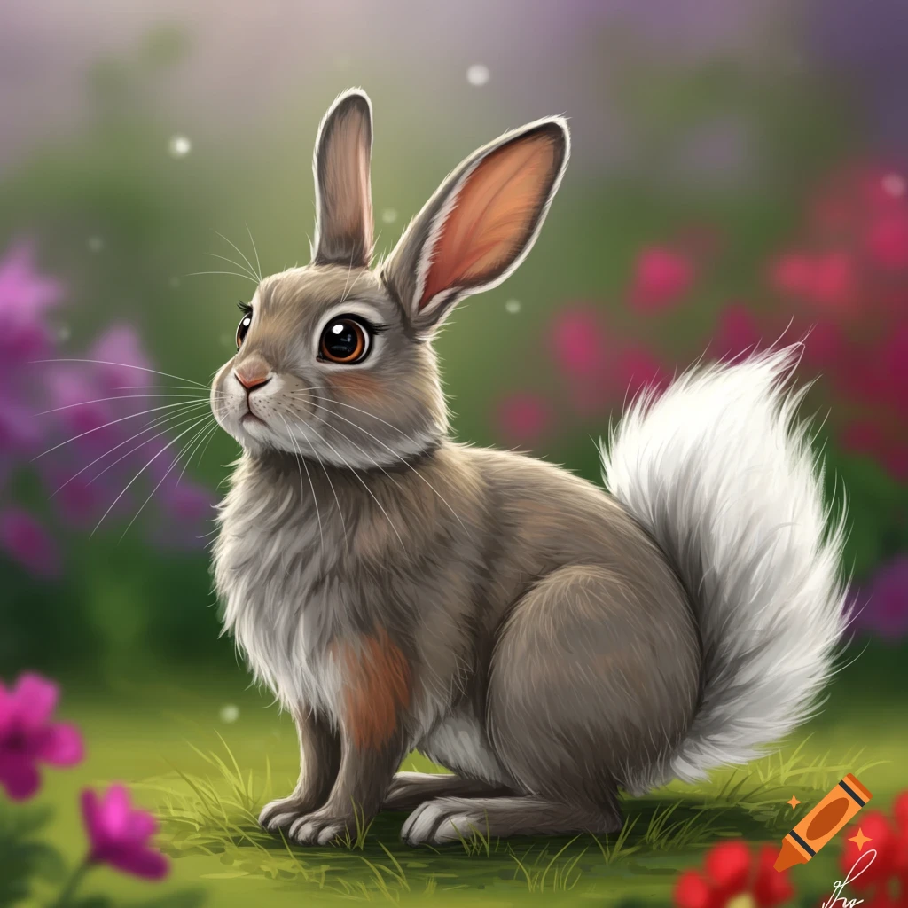 A cute, fluffy brown rabbit with a long white tail sits in a lush garden surrounded by colorful flowers.