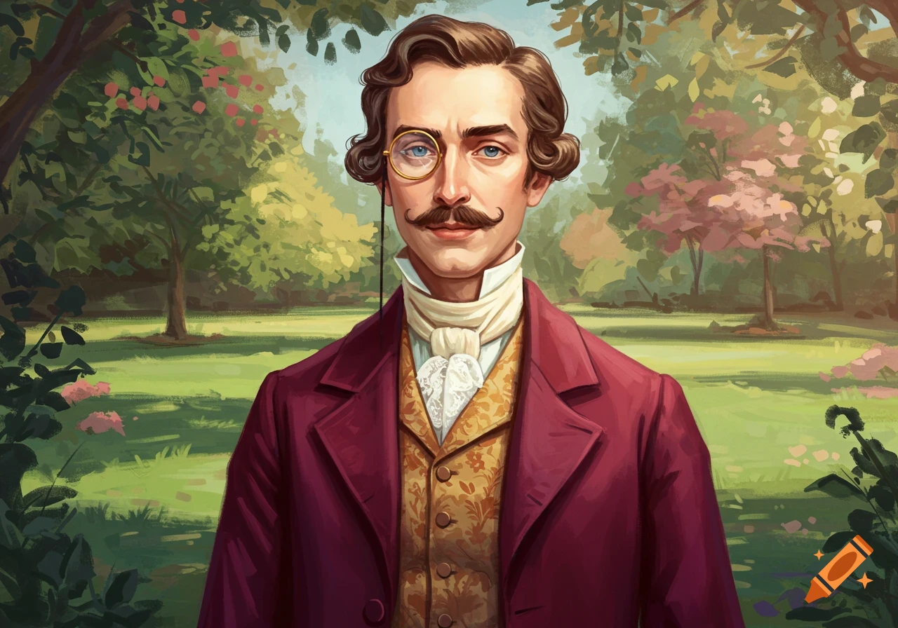 A man dressed as a dandy, with a monocle and mustache, in a garden setting.
