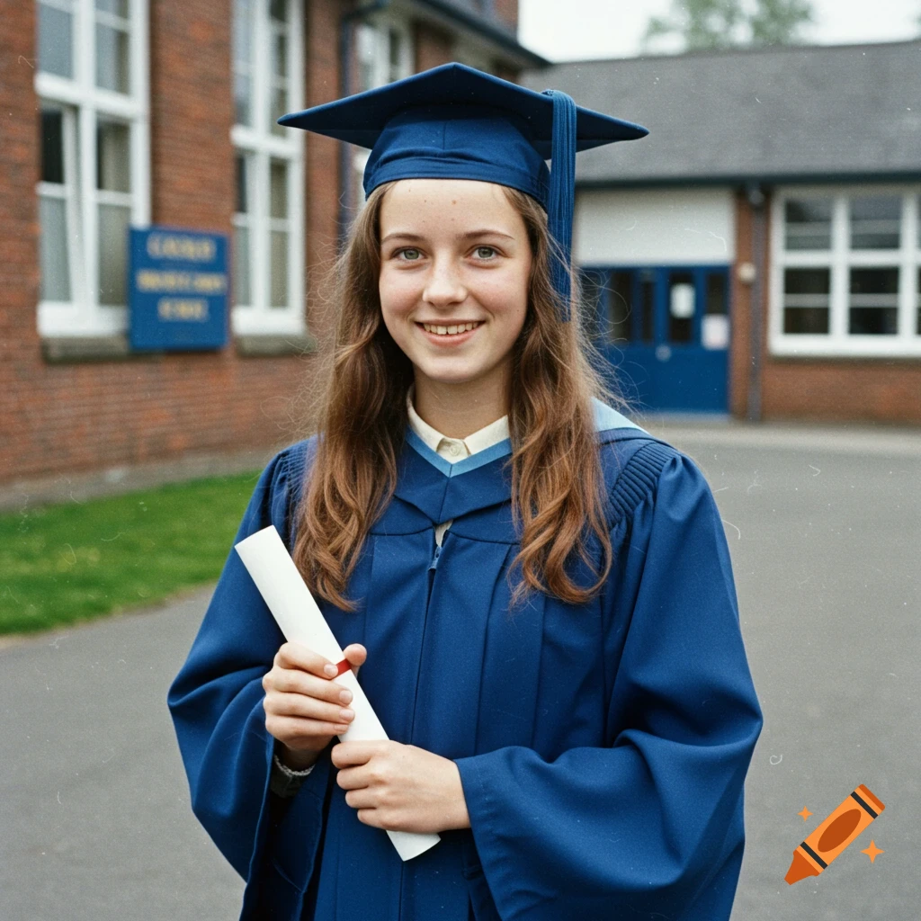 Young girl in blue graduation cap and gown holds a diploma outside a school building, vintage photo style.
