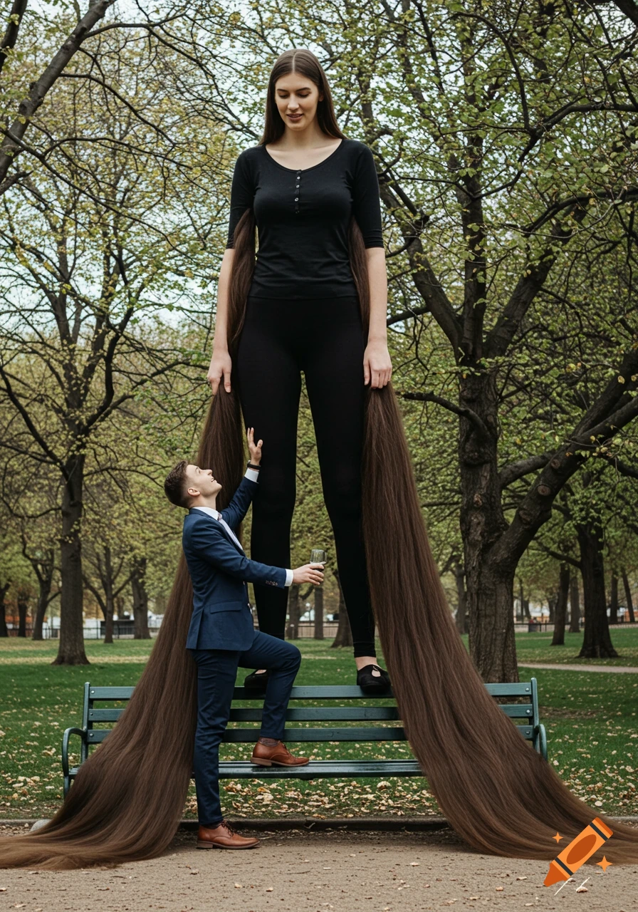 A towering woman with long hair stands over a man on a park bench in a photorealistic image.