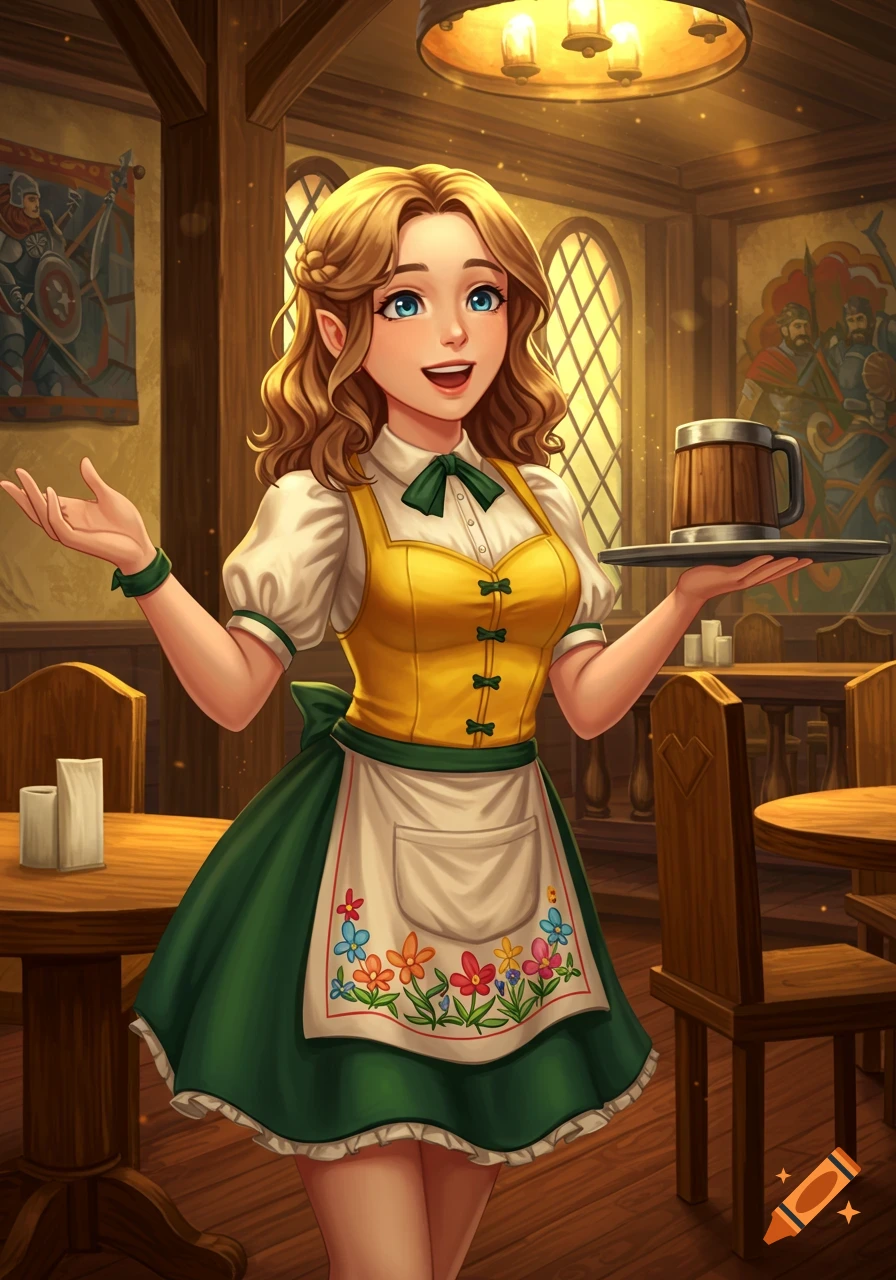 Cheerful female waitress in fantasy tavern holding mug on tray, digital painting.