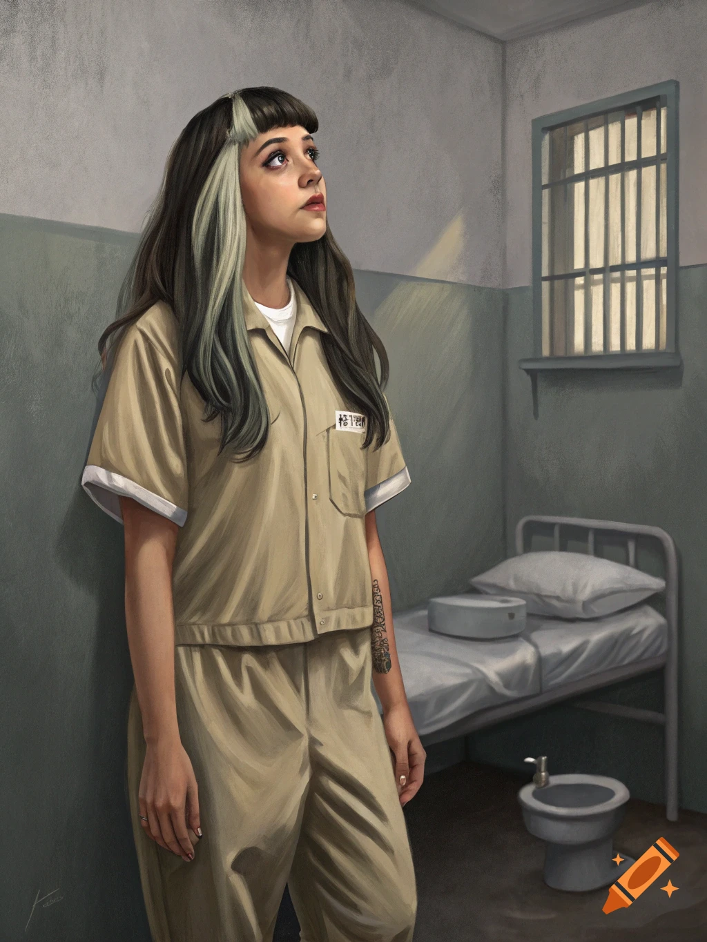 Realistic painting of Melanie Martinez in prison uniform in a cell.