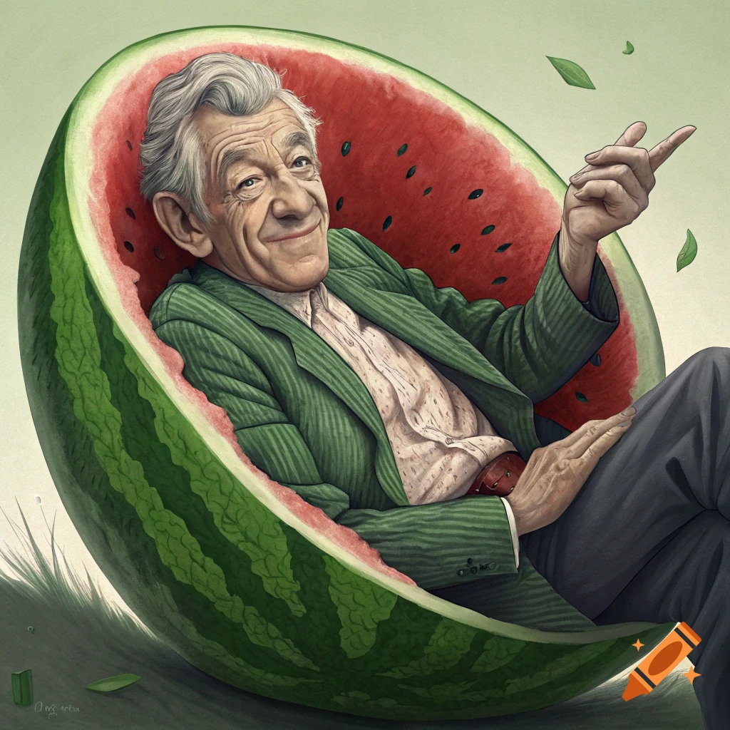 Painting of Sir Ian McKellen smiling while sitting inside a large, hollowed-out watermelon and pointing.