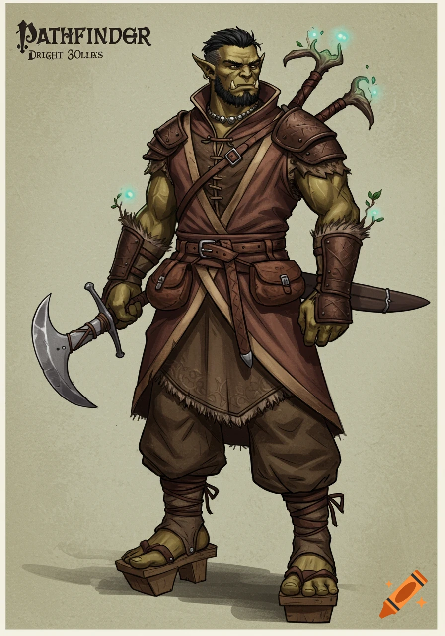 Fantasy illustration of a half-orc druid in robes, holding a falchion and wearing wooden sandals.