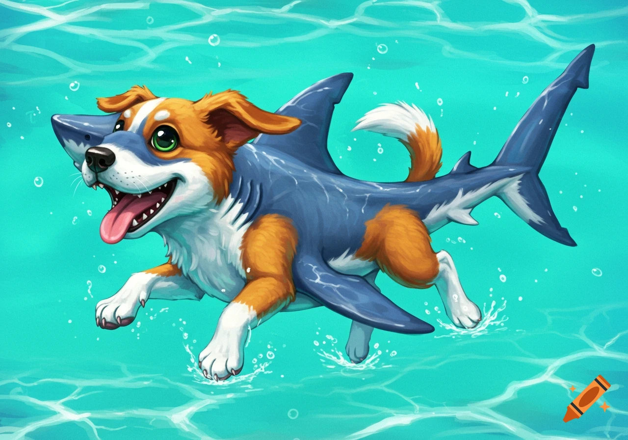 Cartoon puppy with shark fins and tail swimming in turquoise water