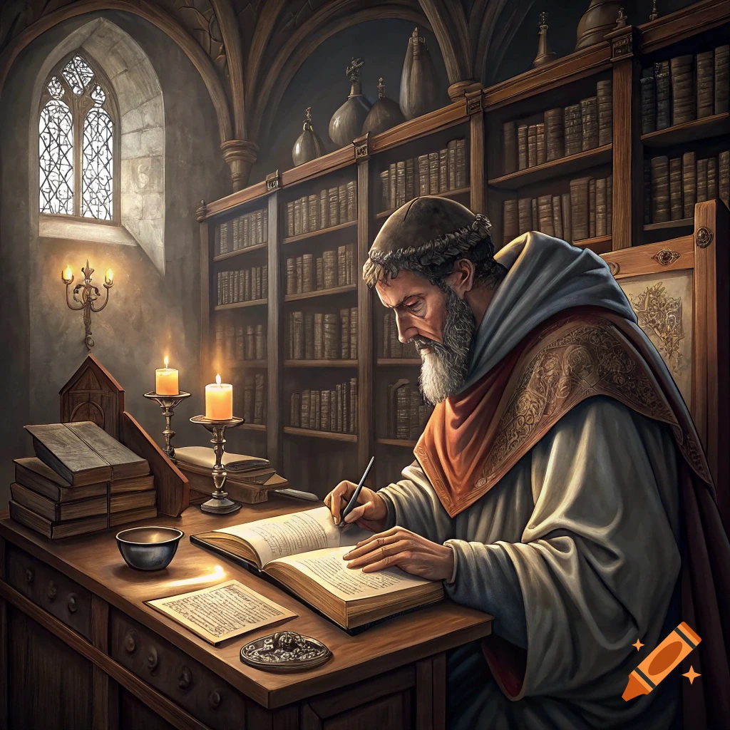 A medieval scholar with a long white beard writes in a large book by candlelight in a vaulted stone library.