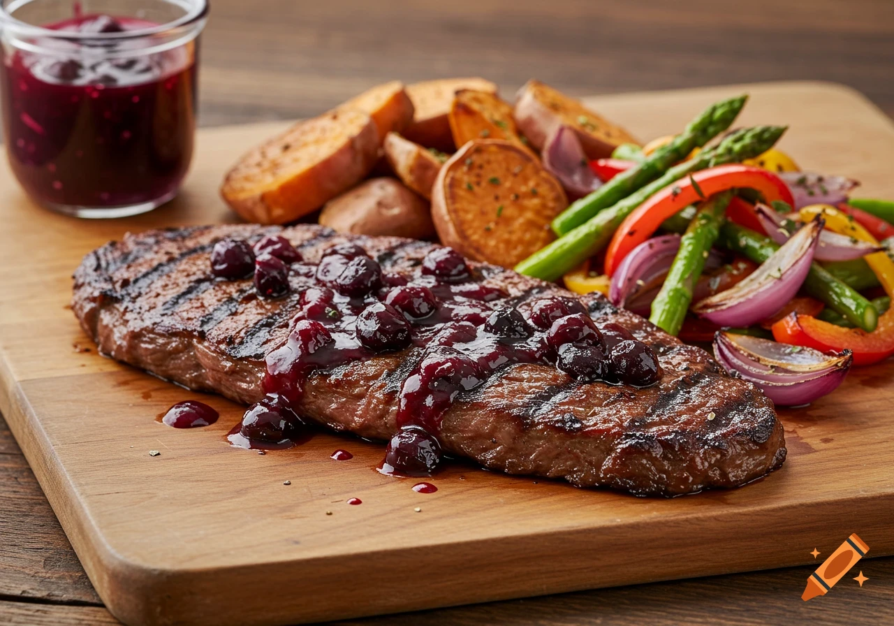 Grilled flank steak with blueberry sauce, roasted sweet potatoes, and colorful vegetables on a wooden cutting board.