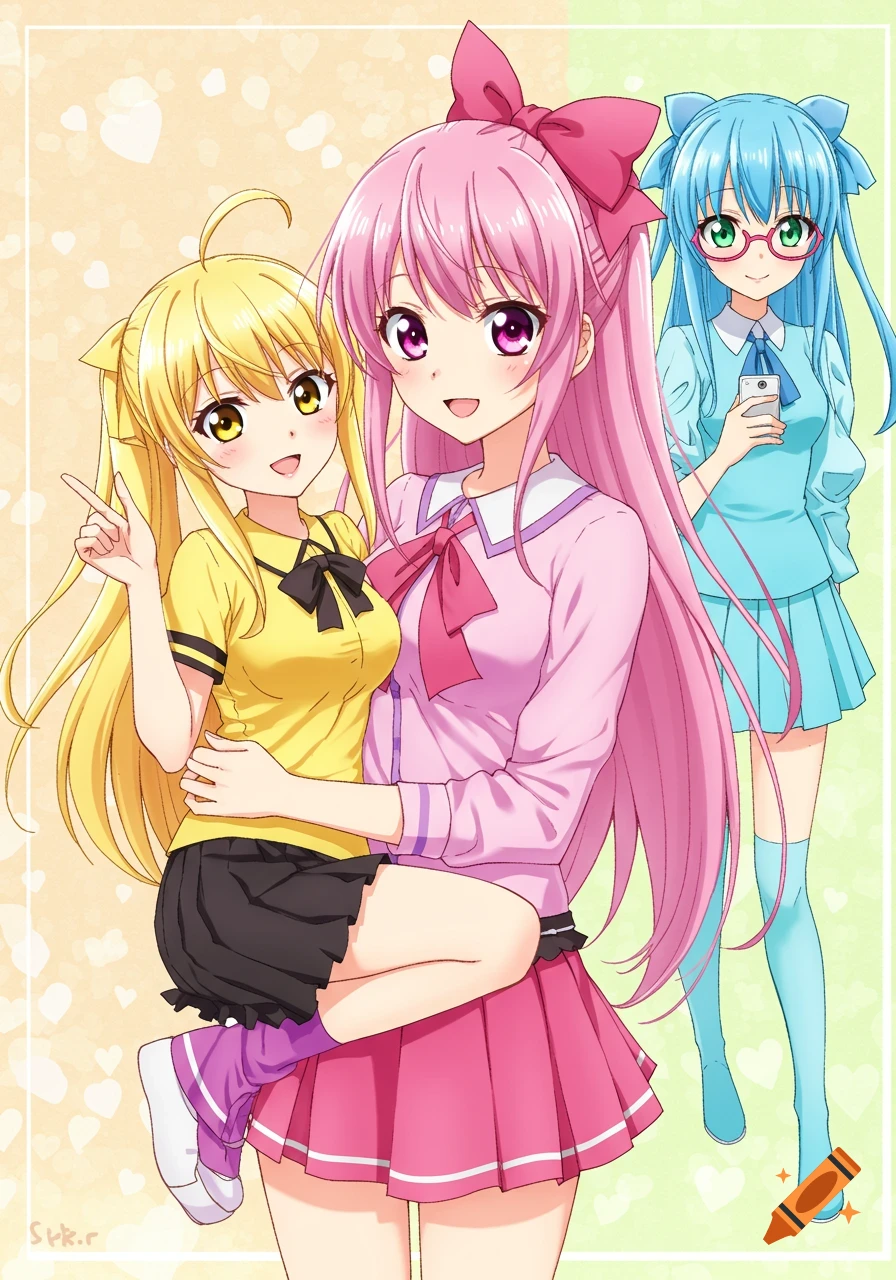 Anime illustration of a pink-haired girl holding a blonde girl, with a blue-haired girl in glasses holding a phone in the background.
