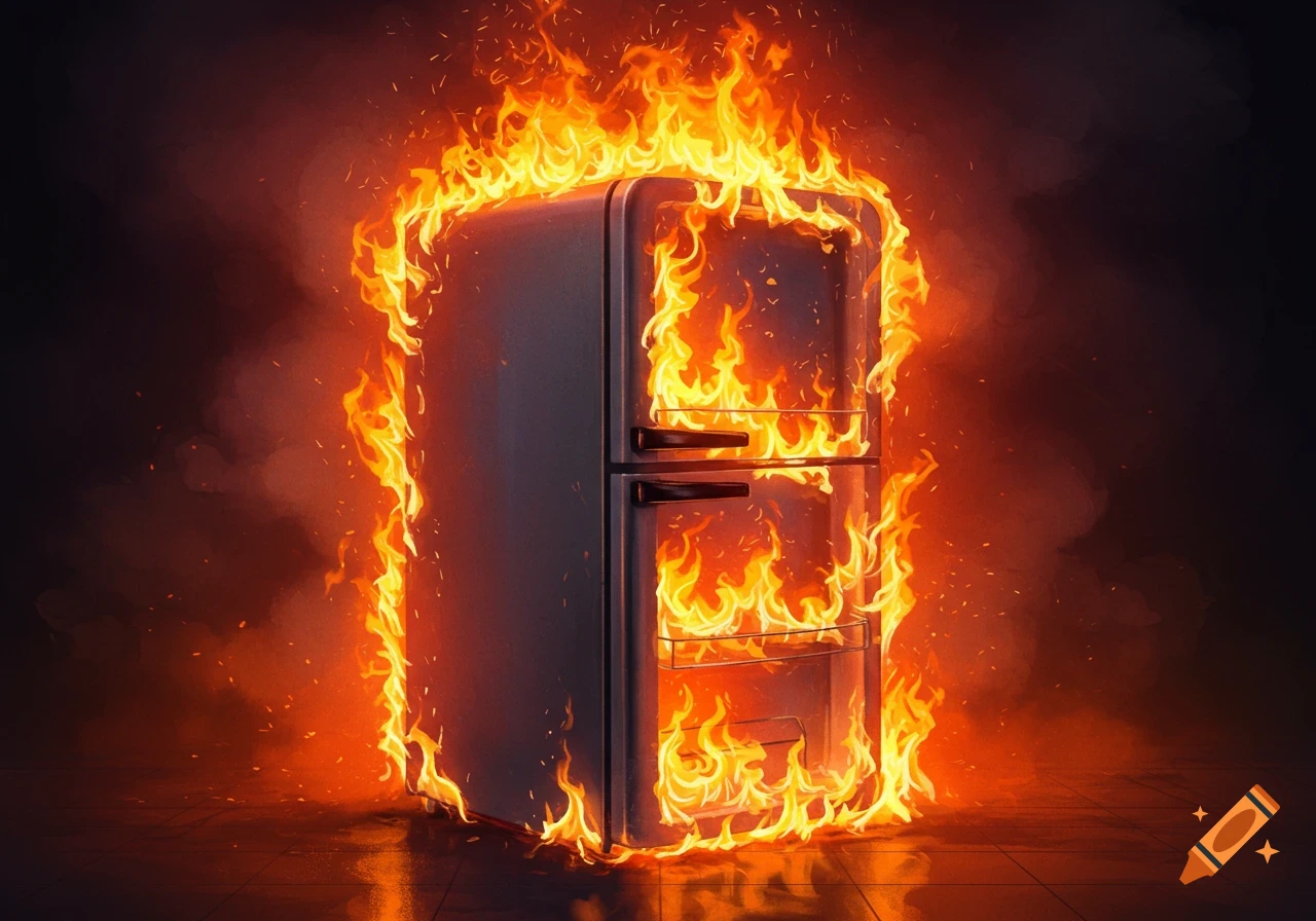 A household refrigerator is engulfed in bright orange flames against a dark background.