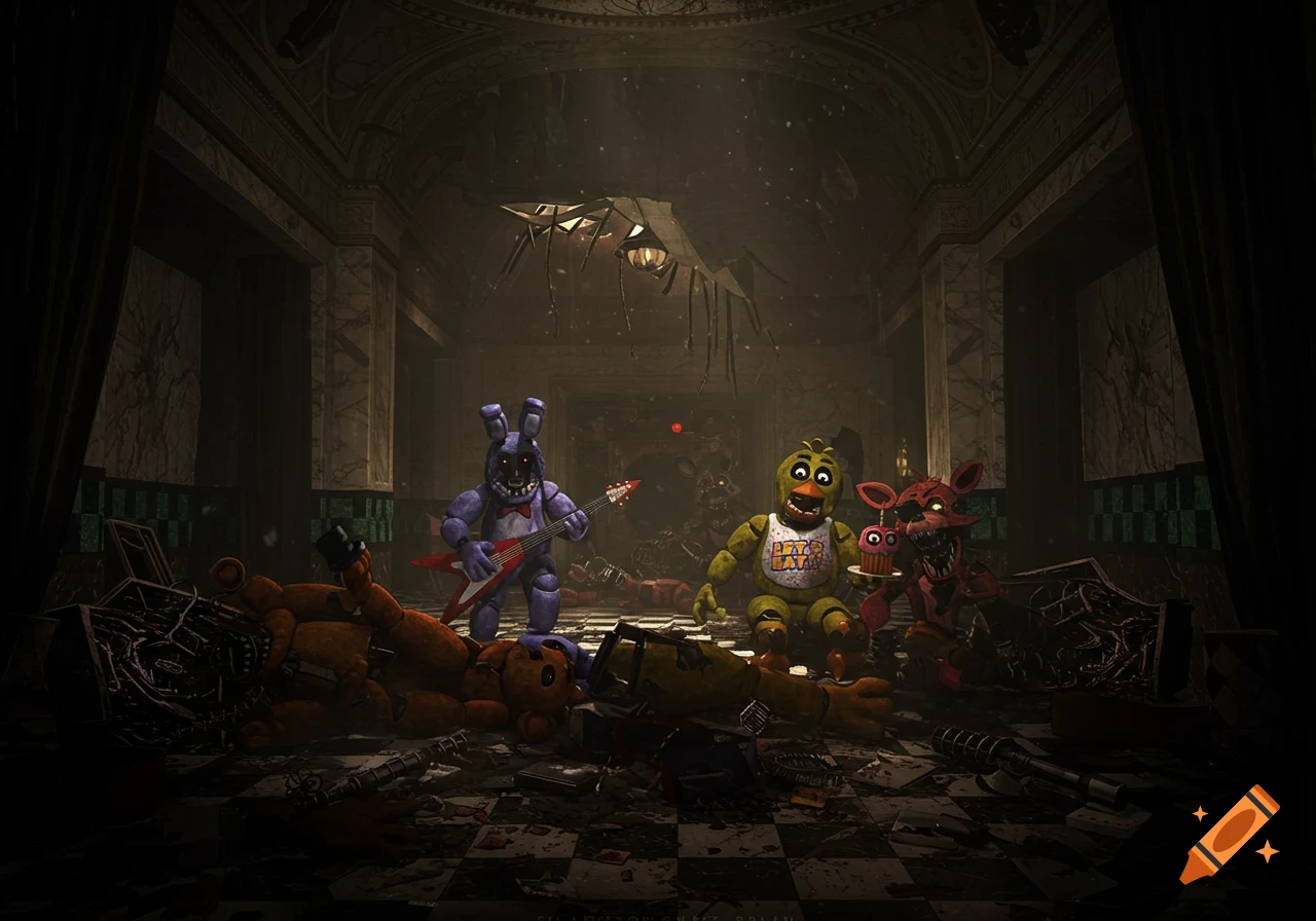 FNAF animatronics Bonnie, Chica, and Foxy stand in a dark, ruined atrium, with Freddy Fazbear lying on the floor. Bonnie plays a guitar.