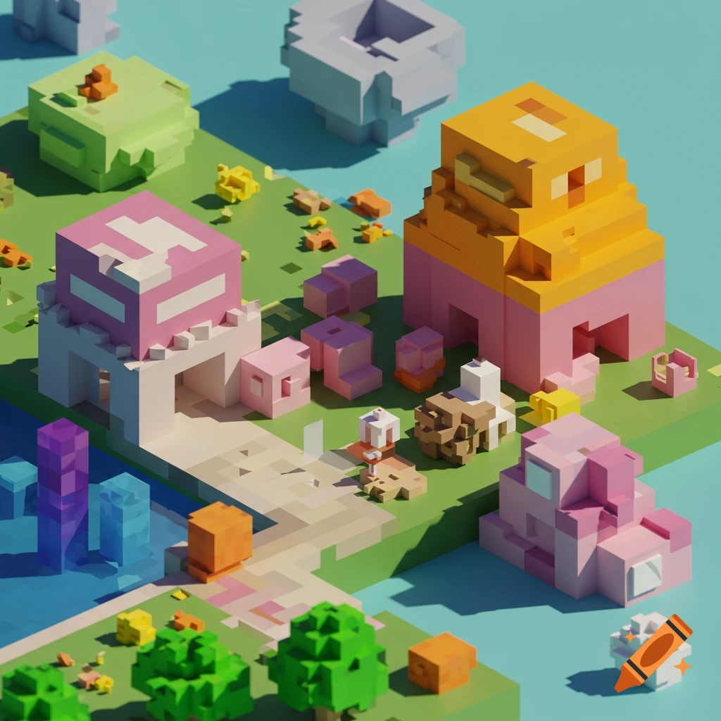 Voxel art scene of a pastel-colored town with blocky buildings, trees, water, and figures.