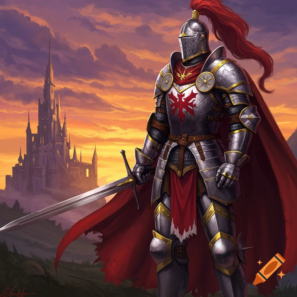 A knight in gleaming plate armor with a red cape and plume stands holding a sword before a large castle under a dramatic orange and purple sunset sky.