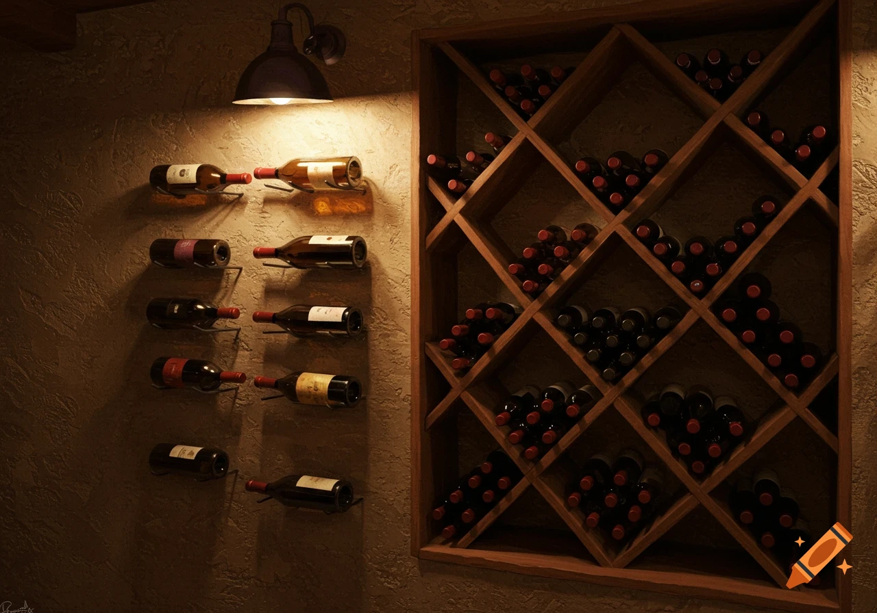 A semi-dark room featuring a wall-mounted wine rack filled with bottles and additional wine bottles displayed on individual wall holders, illuminated by moody lighting.