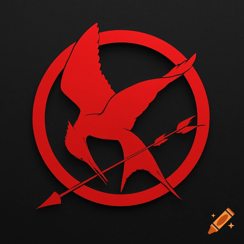 Red Mockingjay symbol from the Hunger Games against a dark background.