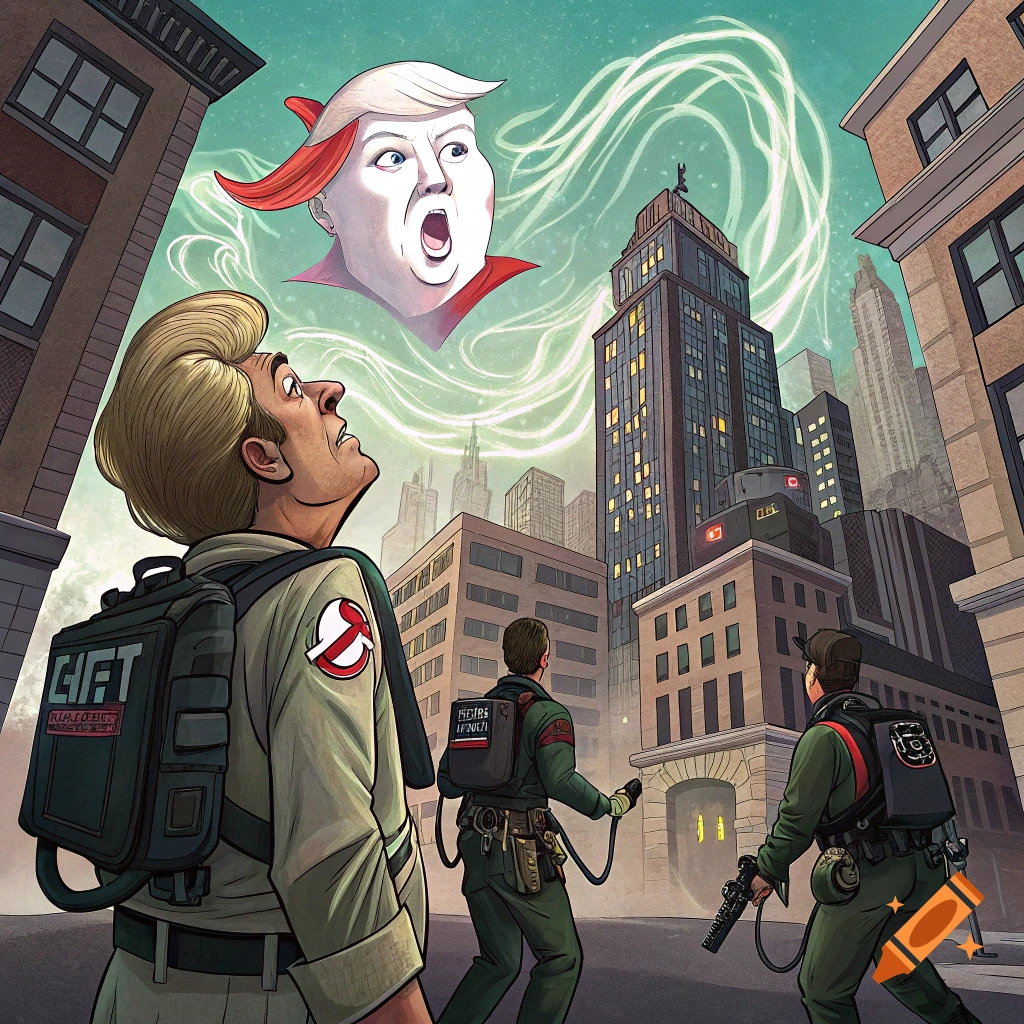 Ghostbusters look up at a giant floating head resembling Donald Trump over a city, comic book style.