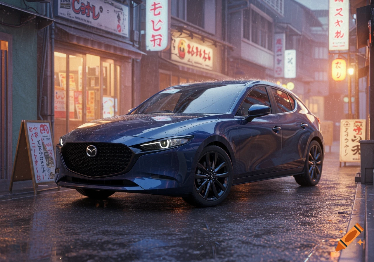 A navy blue Mazda 3 Sport Hatchback parked on a wet Japanese side street with shops and glowing signs in a realistic anime style.
