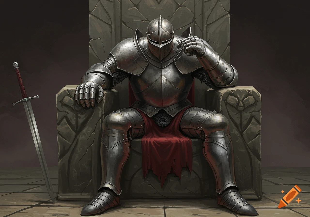 A fully armored knight sits on a large stone throne with a sword leaning beside it.