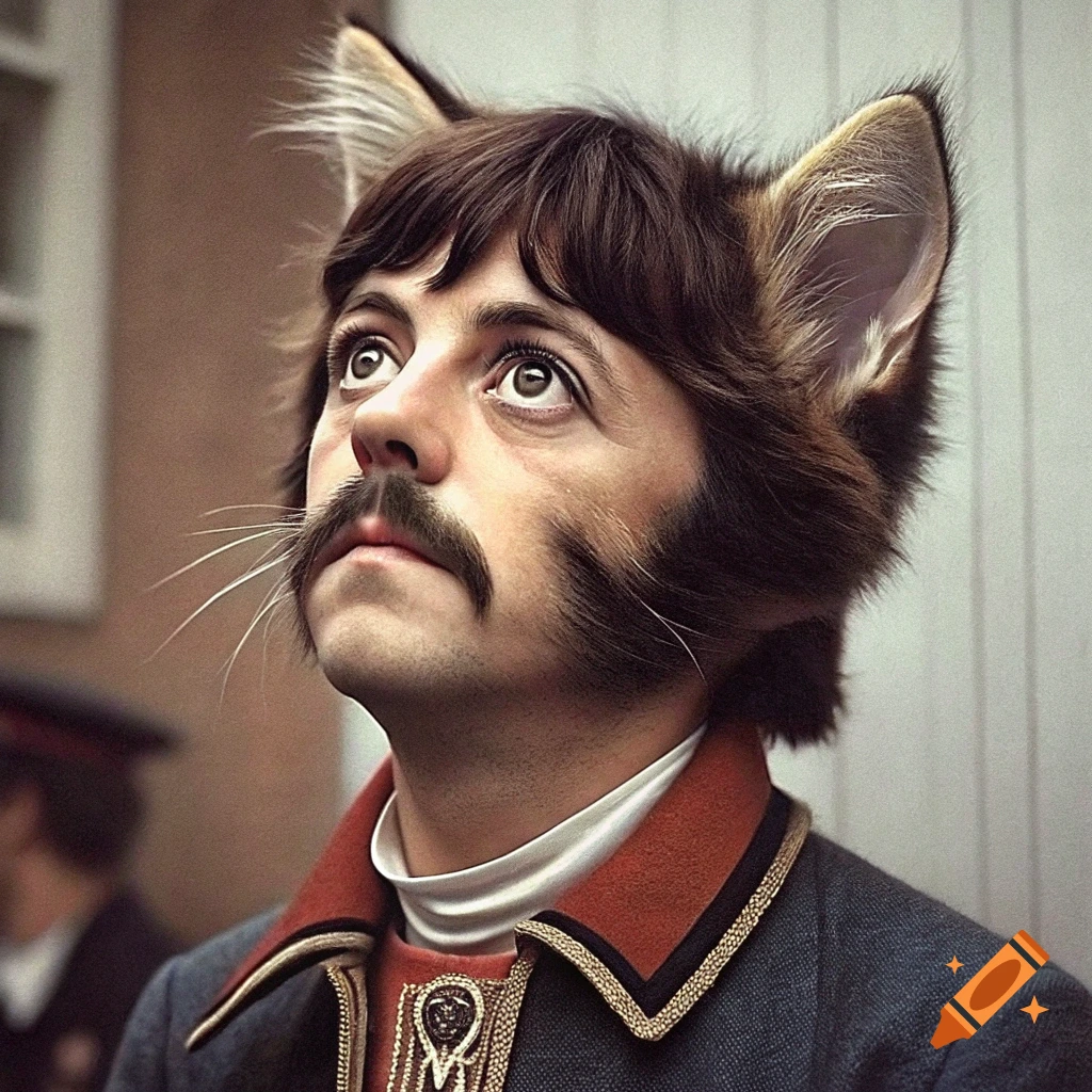 Photorealistic portrait of Paul McCartney with cat ears and whiskers looking up.