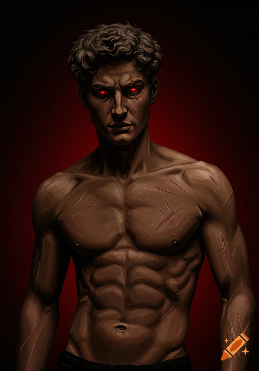 Stylized portrait of a muscular man with dark skin, red glowing eyes ...