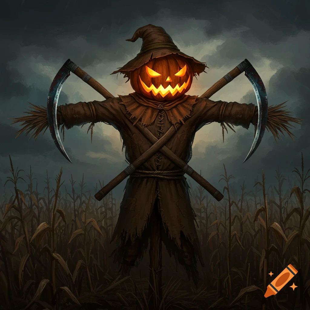 Spooky scarecrow with jack-o'-lantern head and sickles in a cornfield under a stormy sky