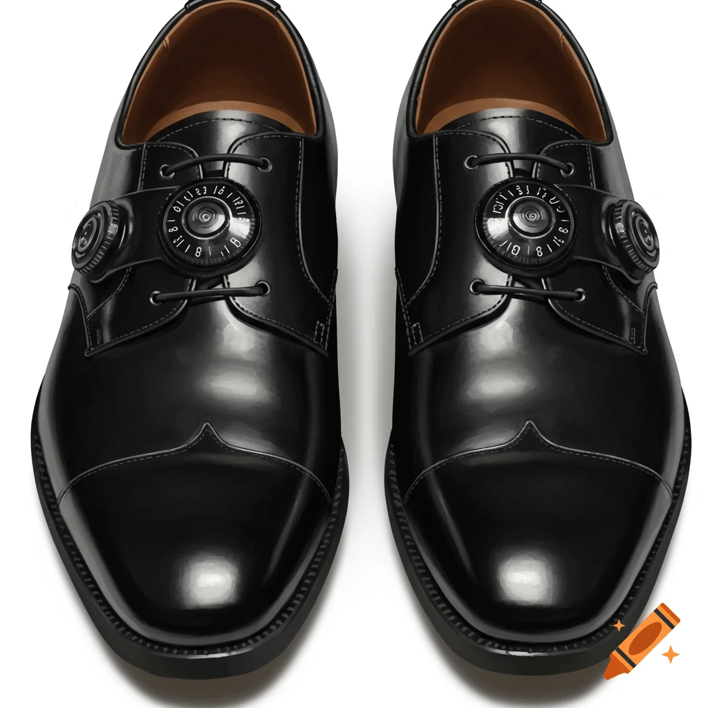 A top-down view of a pair of shiny black dress shoes with unique dial mechanisms instead of traditional laces.