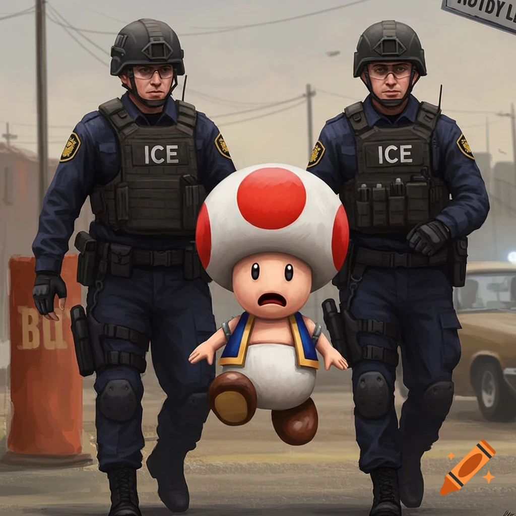 Toad from Mario is being escorted by two figures in tactical gear labeled "ICE" in a street setting.
