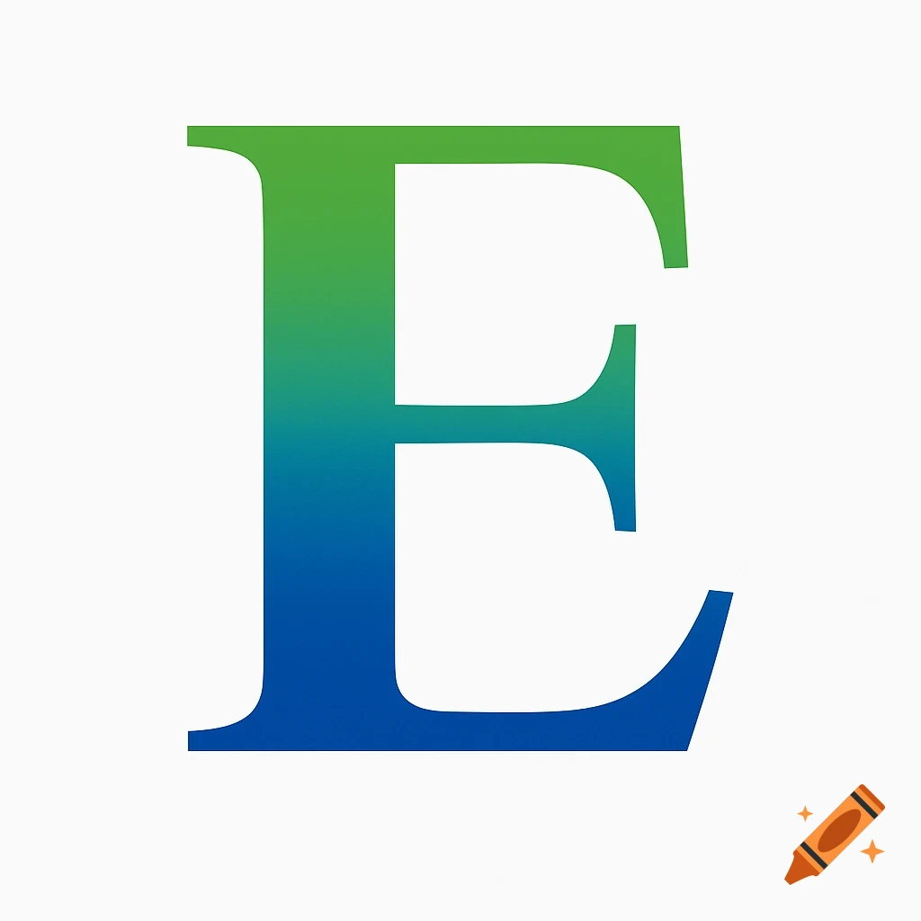 A large capital letter E with a green to blue vertical gradient, on a white background.