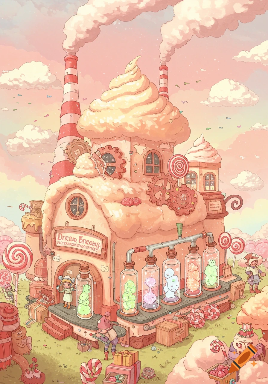 Whimsical, cartoonish candy factory building with whipped cream roof, candy details, smoke stacks, and small characters in a sugary landscape.