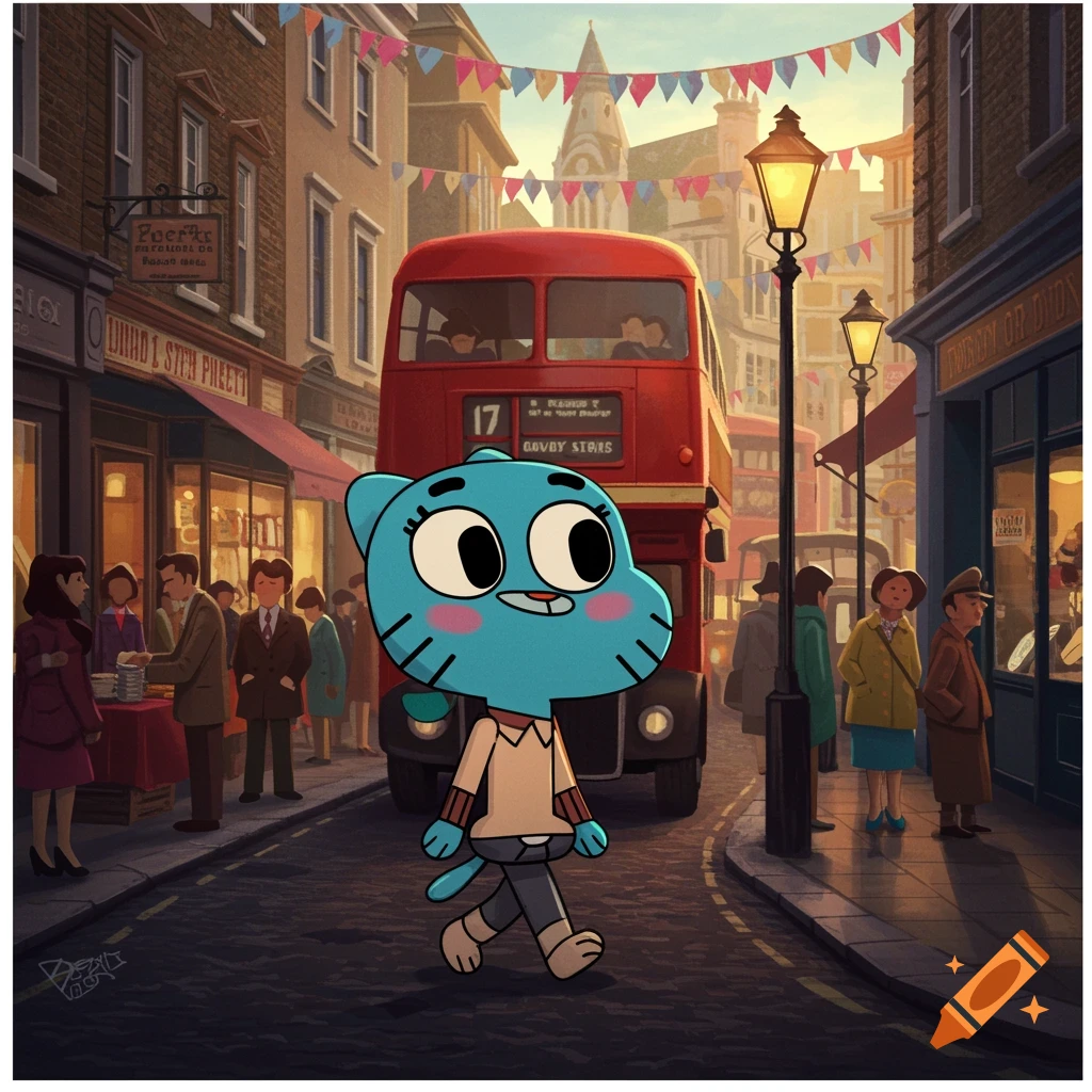 Gumball Watterson walks on a street in London with a red double-decker bus in the background.