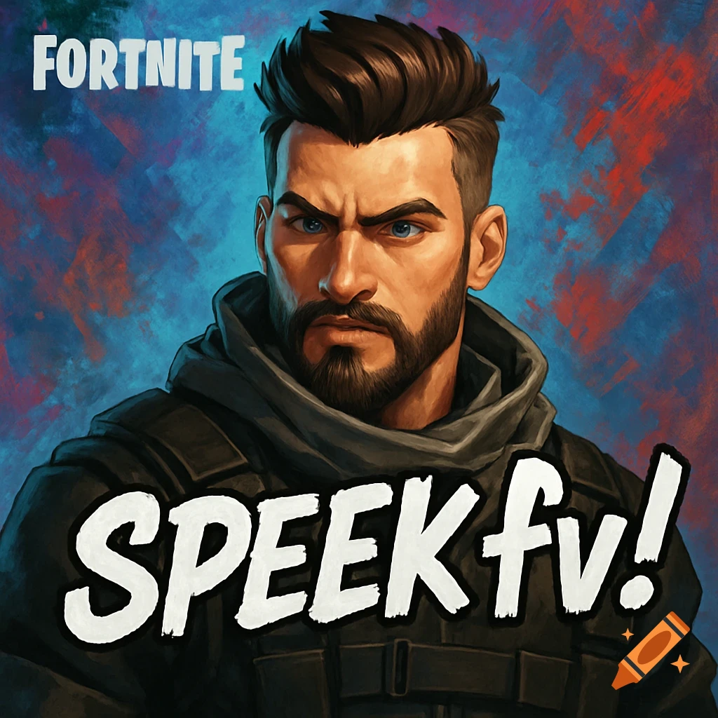 A male Fortnite character with a beard and dark clothing against a blue and red background, with 'FORTNITE' and 'SPEEK fv!' text.