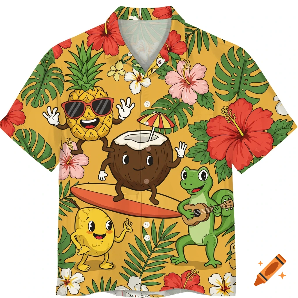 A colorful Hawaiian shirt pattern featuring cartoon characters: a pineapple with sunglasses, a coconut, a gecko playing ukulele, and tropical flowers.