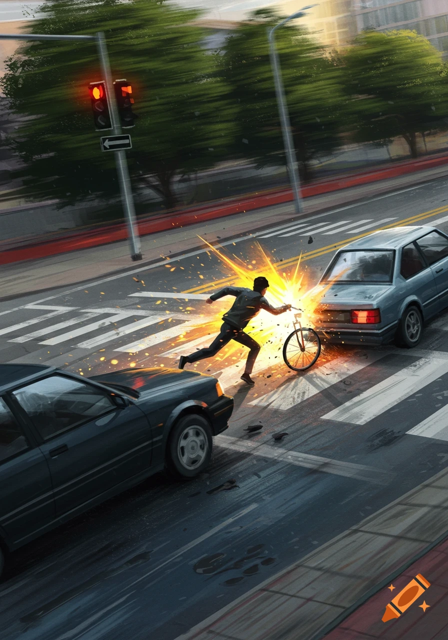 Cyclist collides with a car at a busy intersection in an illustrative style