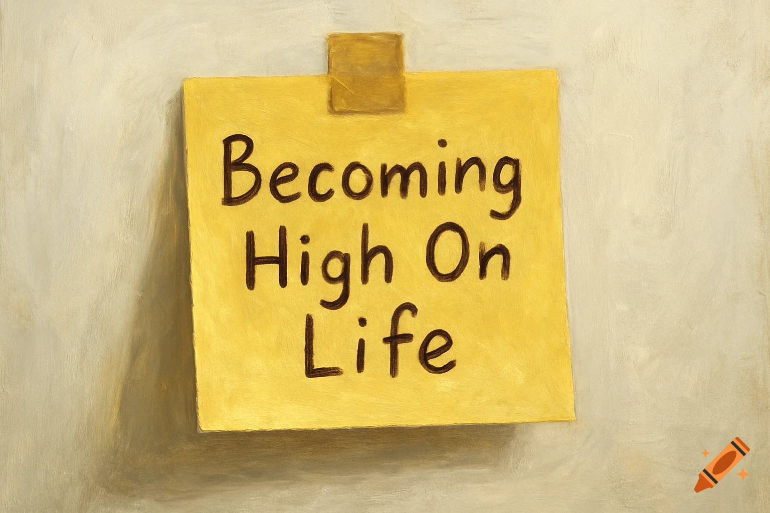A yellow post-it note with the handwritten words 'Becoming High On Life' on a textured wall, rendered in a painterly style.