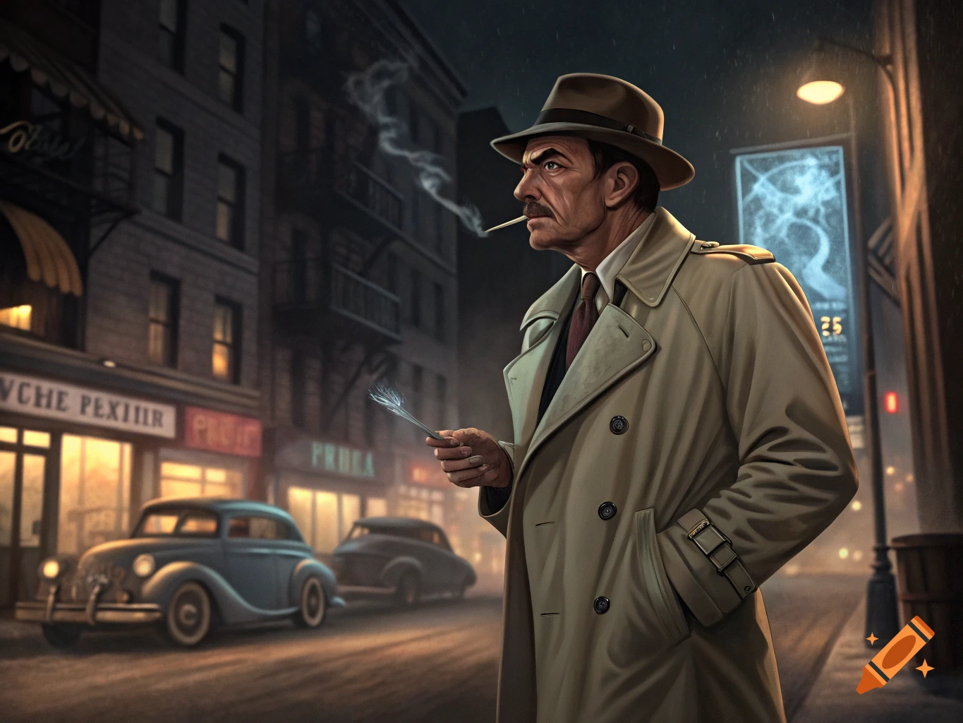 A man in a trench coat and fedora resembling Tom Selleck stands on a rainy street at night, smoking.