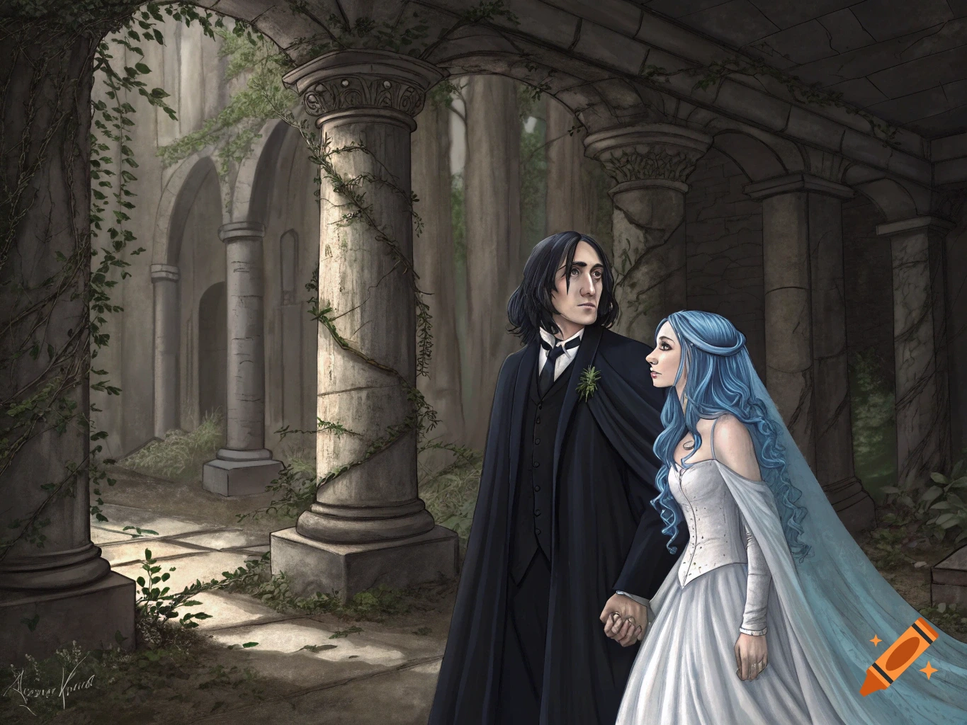 Man in black coat and woman with blue hair in white dress hold hands in ruined temple