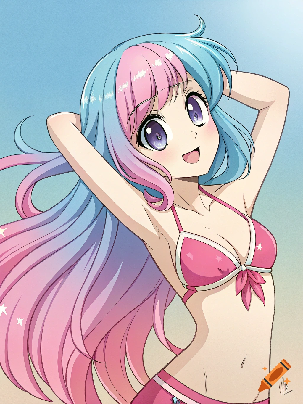 Anime girl with blue and pink hair in a pink bikini