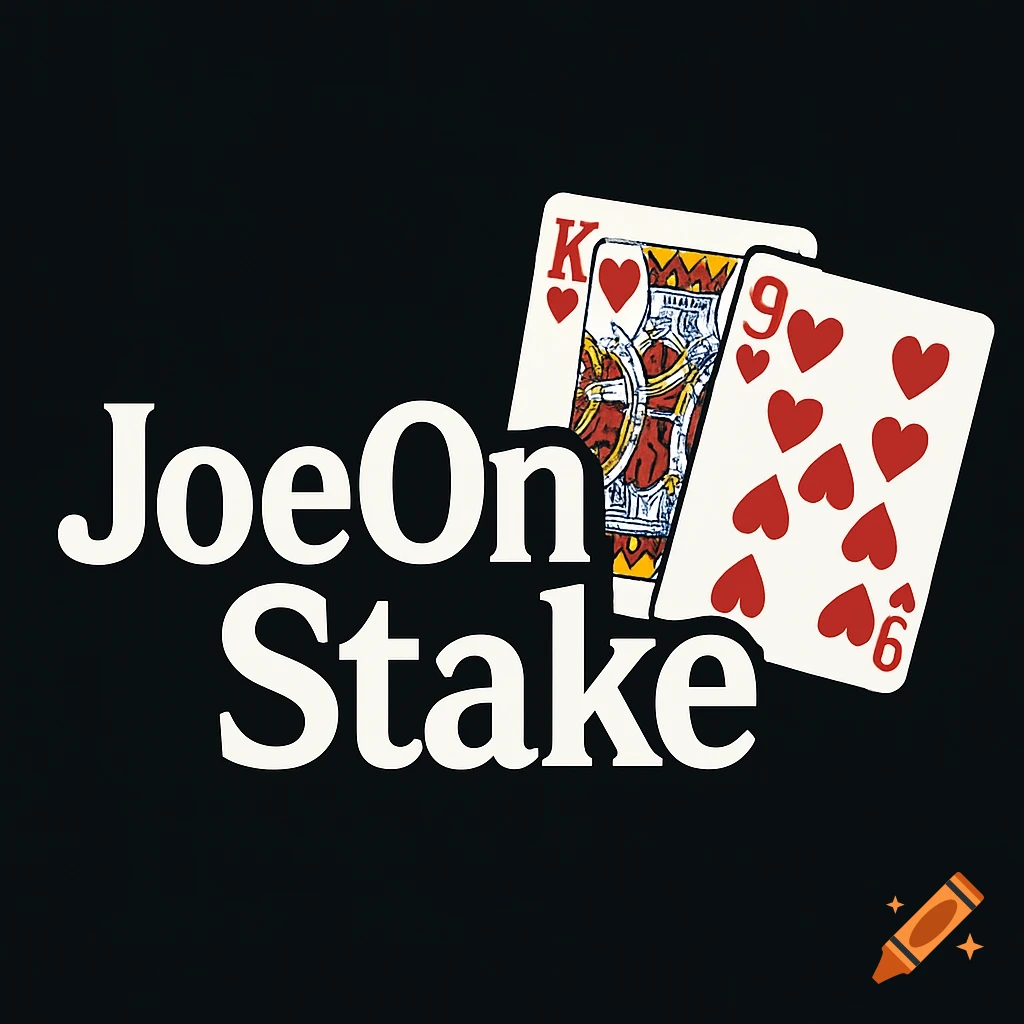 Logo with the text JoeOn Stake next to a King of Hearts and a 9 of Hearts playing card.