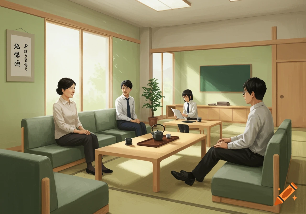 Illustration of people sitting in a Japanese style lounge with tatami mats and low tables.